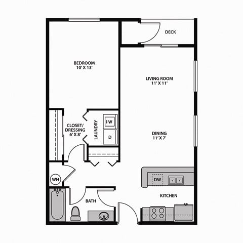 Floor plan for 1 bed, 1 bath, 712 sqft